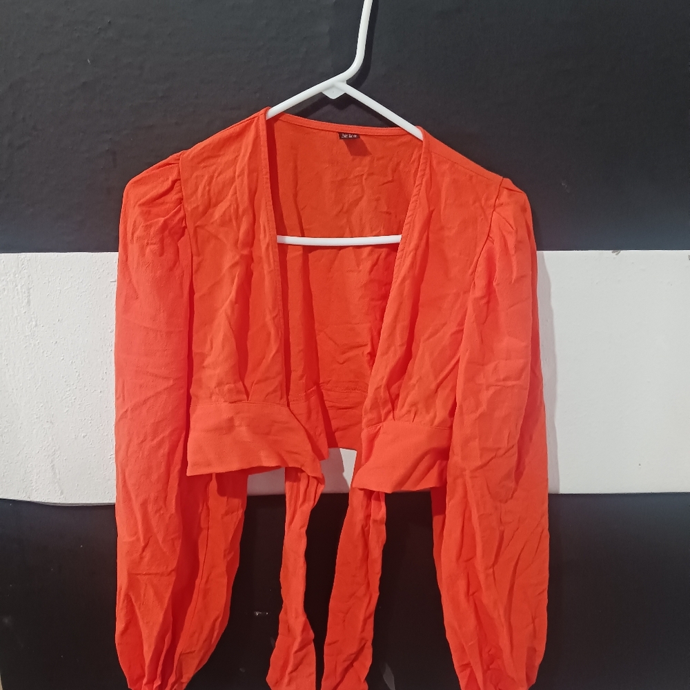 SHEIN Women Orange Puff Shoulders Tie Crop Top - Picture 4 of 7